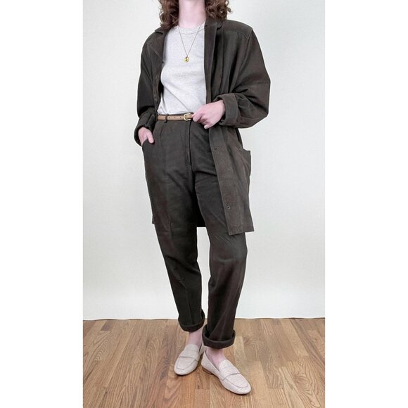 Vintage Suede Leather Matching Set Suit Oversized High Rise Long Unique Luxury - Picture 9 of 13